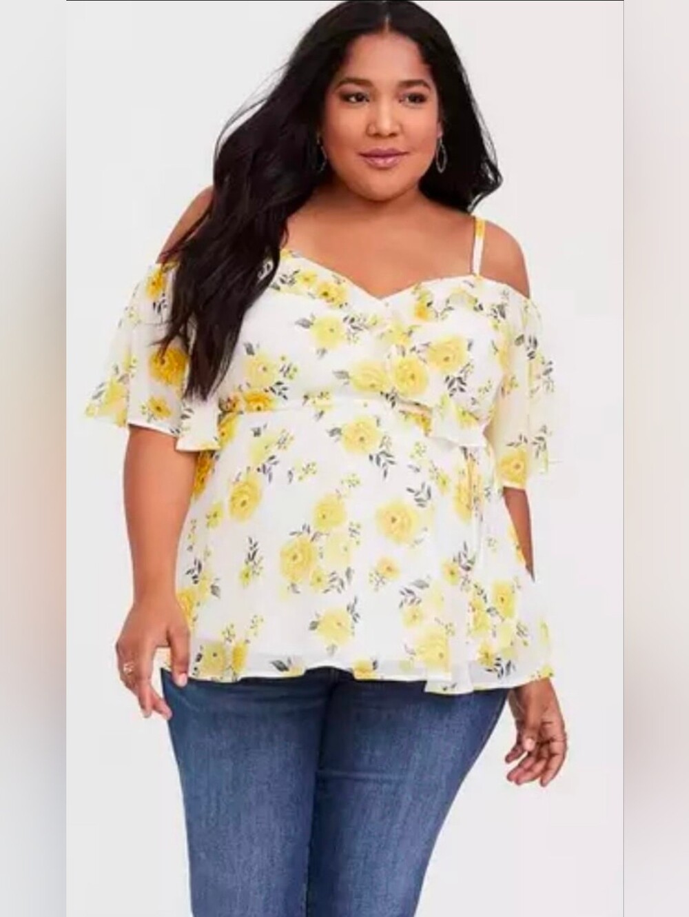 Torrid Size 3 White Cold Shoulder Top w/ Yellow Roses, Faux Wrap Front,Tie Waist